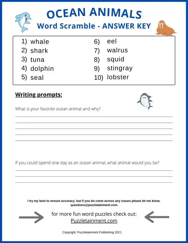 Ocean animals word scramble free printable pdf