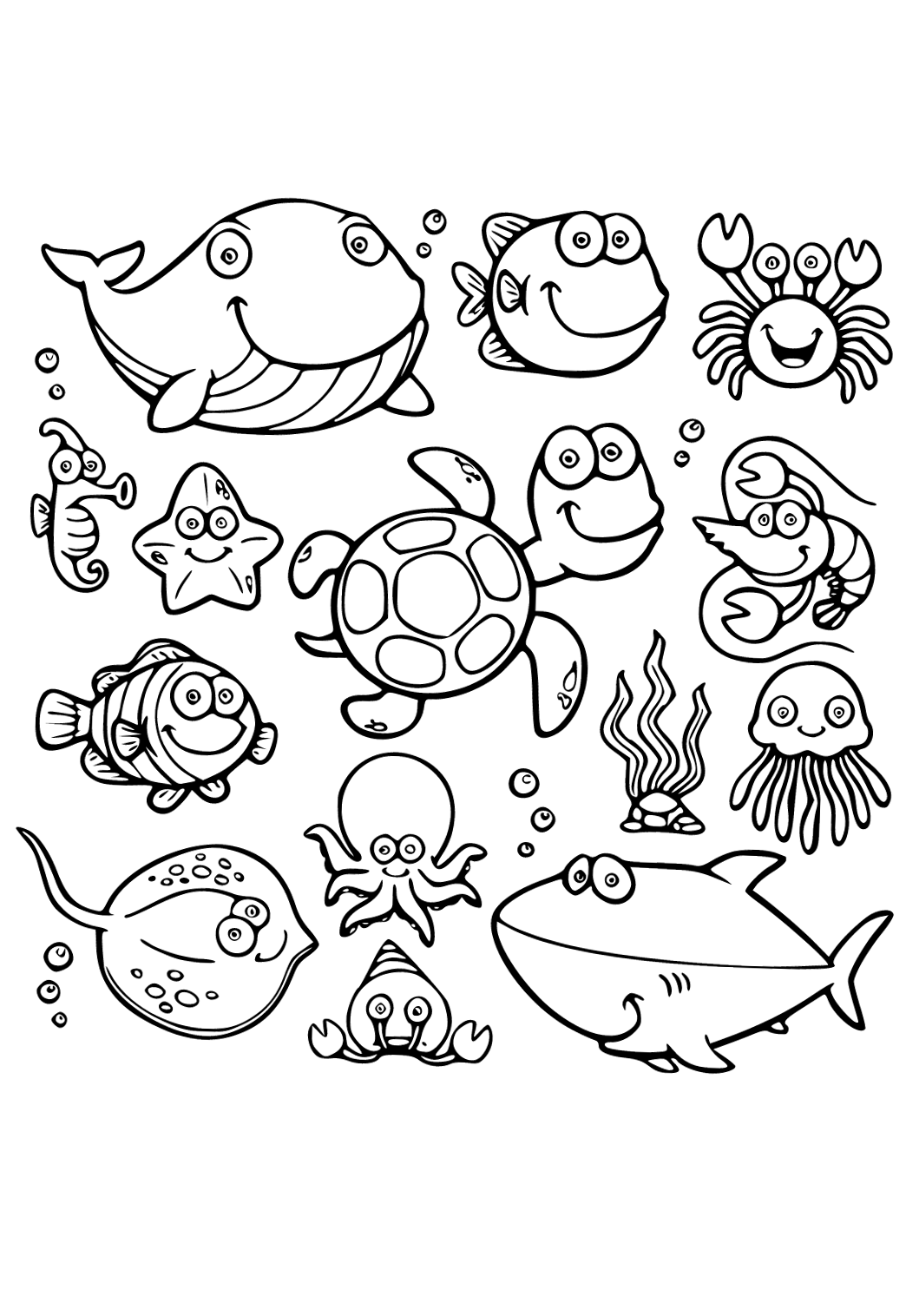 Free printable ocean animals cute coloring page for adults and kids