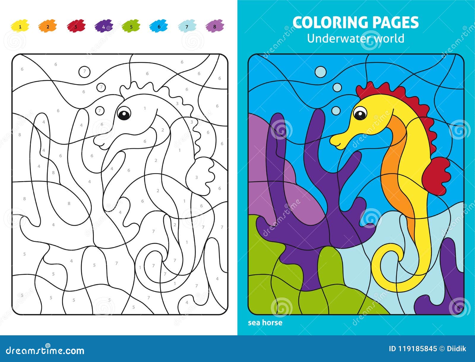 Underwater world coloring page for kids sea horse stock vector