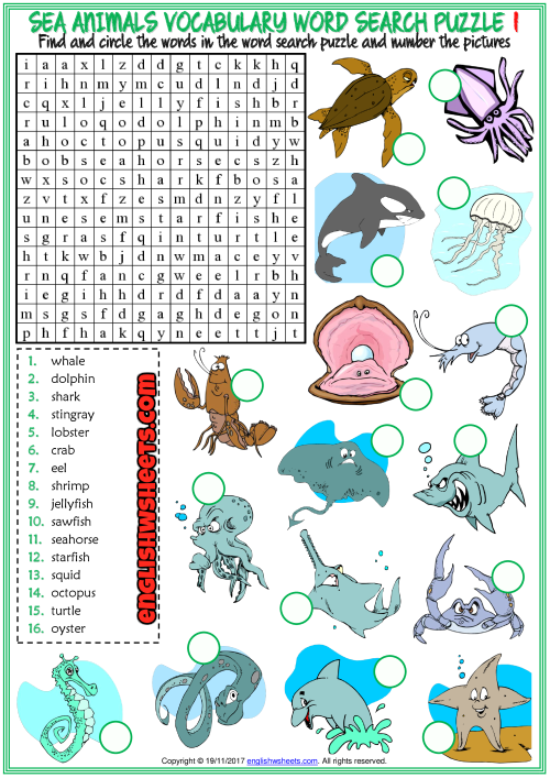 Sea animals esl word search puzzle worksheets for kids