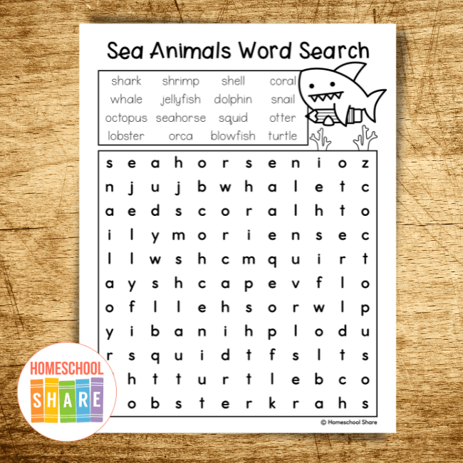 Sea animals word search free