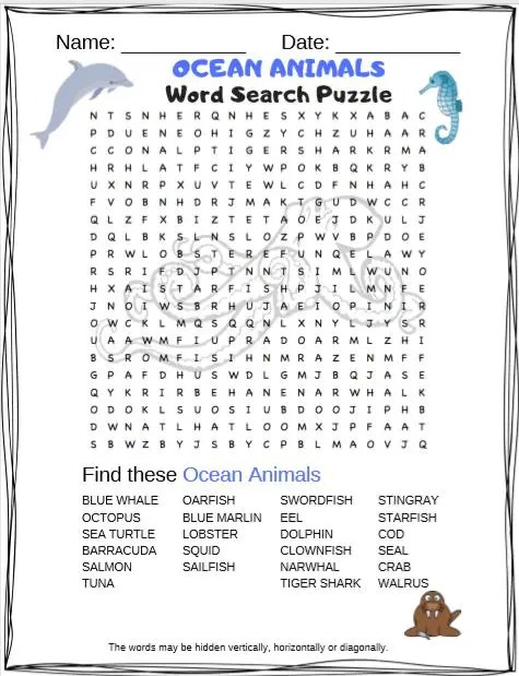 Ocean animals word search puzzle free printable