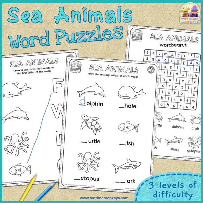 Sea animals worksheets and word puzzles
