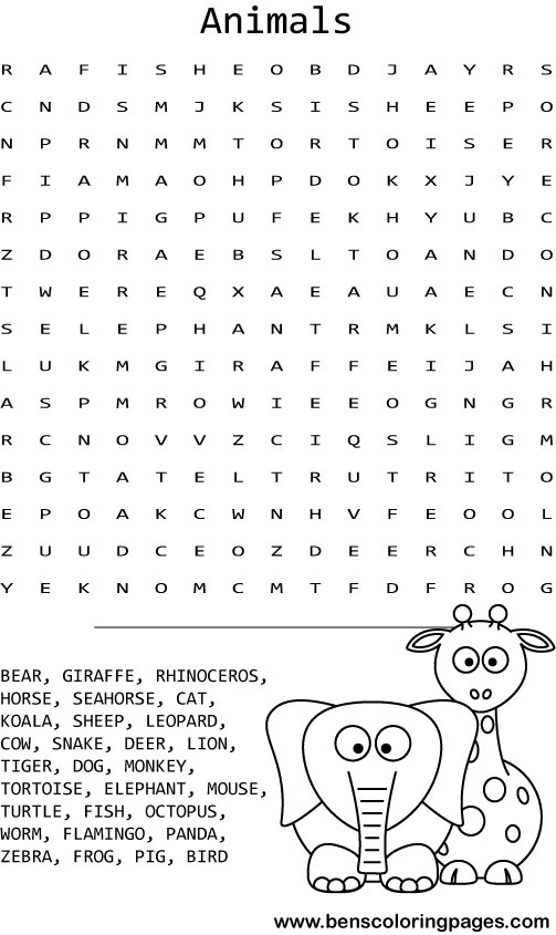 Animals word search coloring page