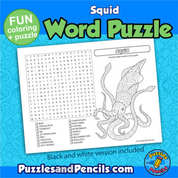 Squid word search puzzle and coloring activity page marine life