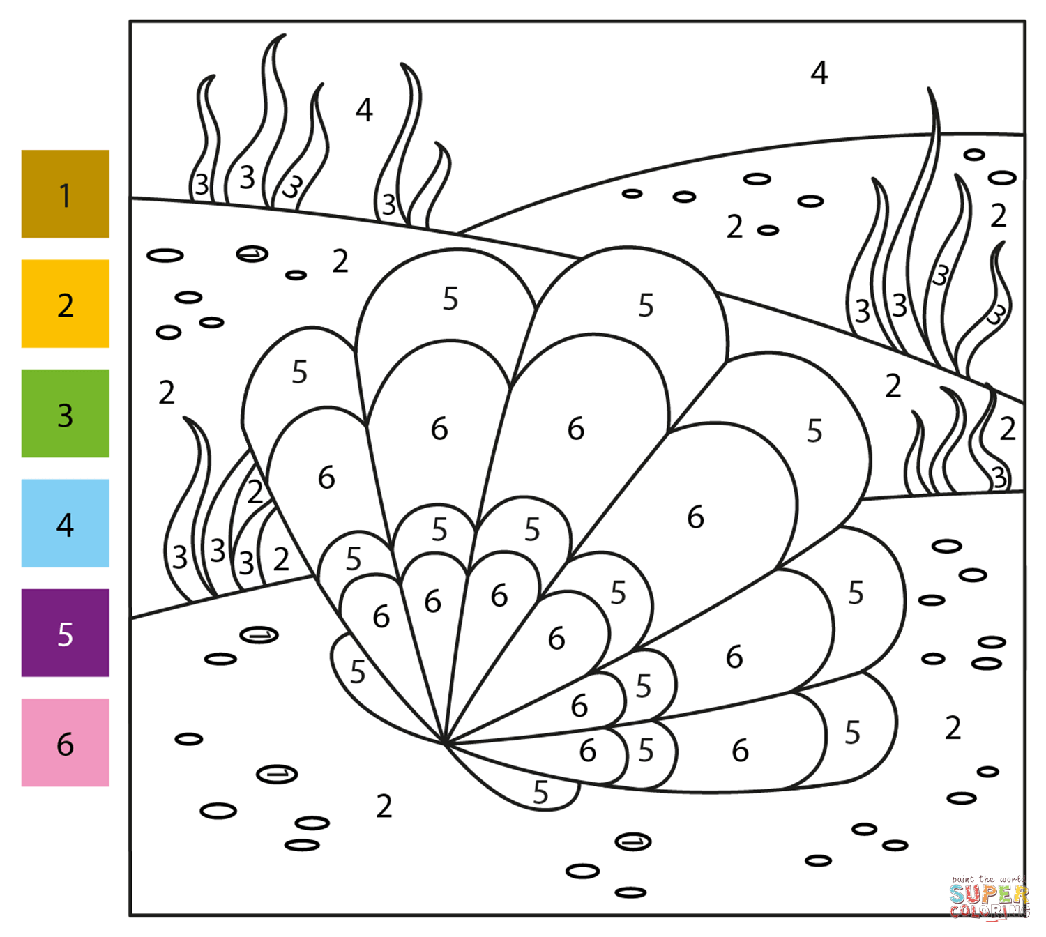 Sea shell color by number free printable coloring pages