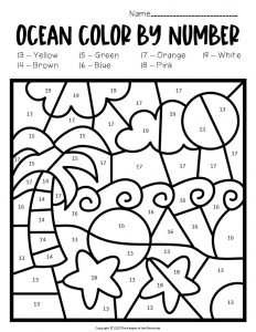 Free printable color by number ocean preschool worksheets