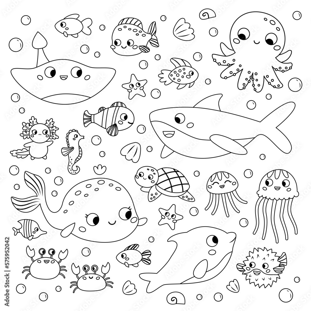 Coloring page with sea animals cute cartoon characters set ocean fish octopus dolphin shark whale turtle and crab doodle style outline vector illustration for coloring book vector