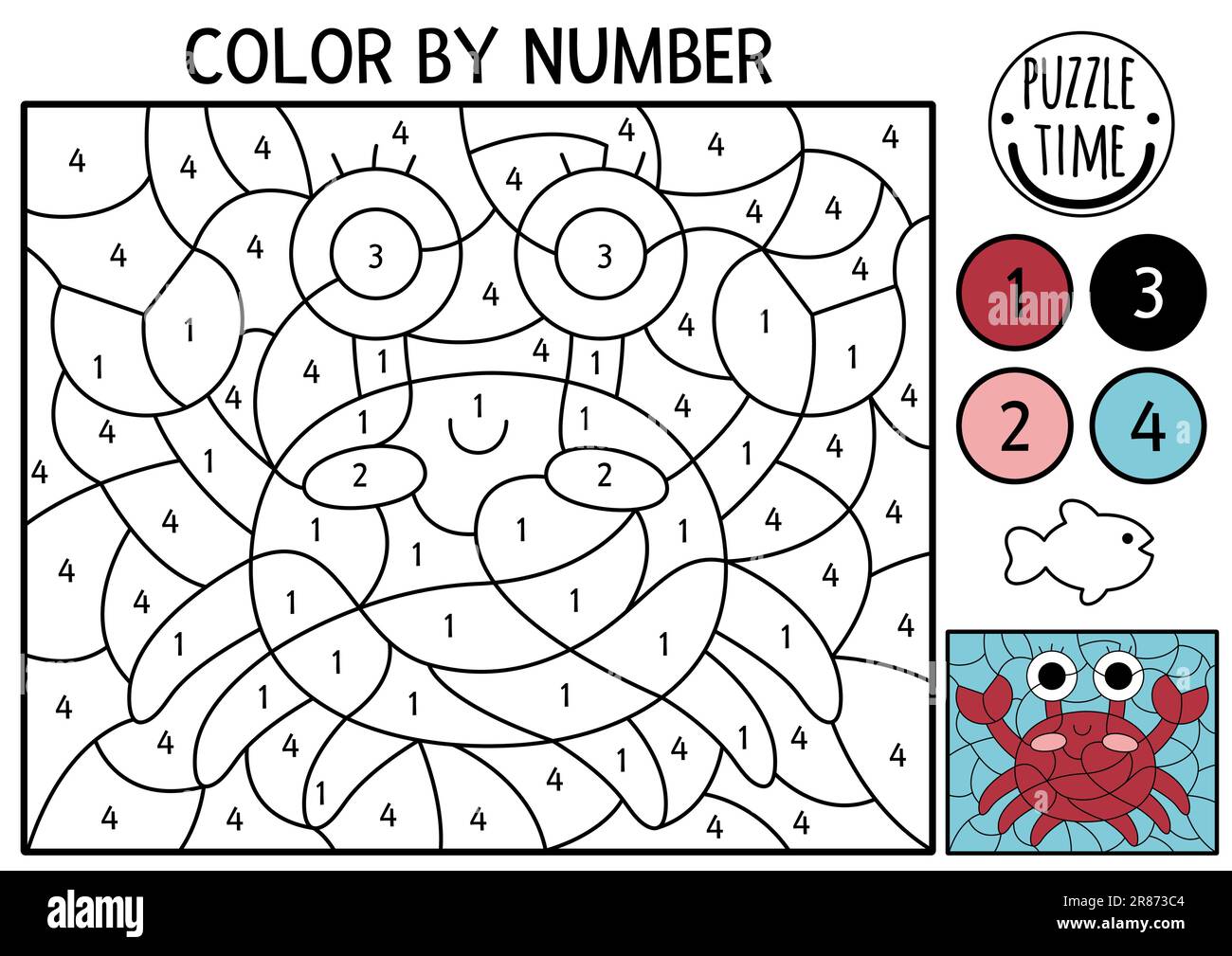 Vector under the sea color by number activity with red crab ocean life scene black and white counting game with water animal coloring page for kids stock vector image art