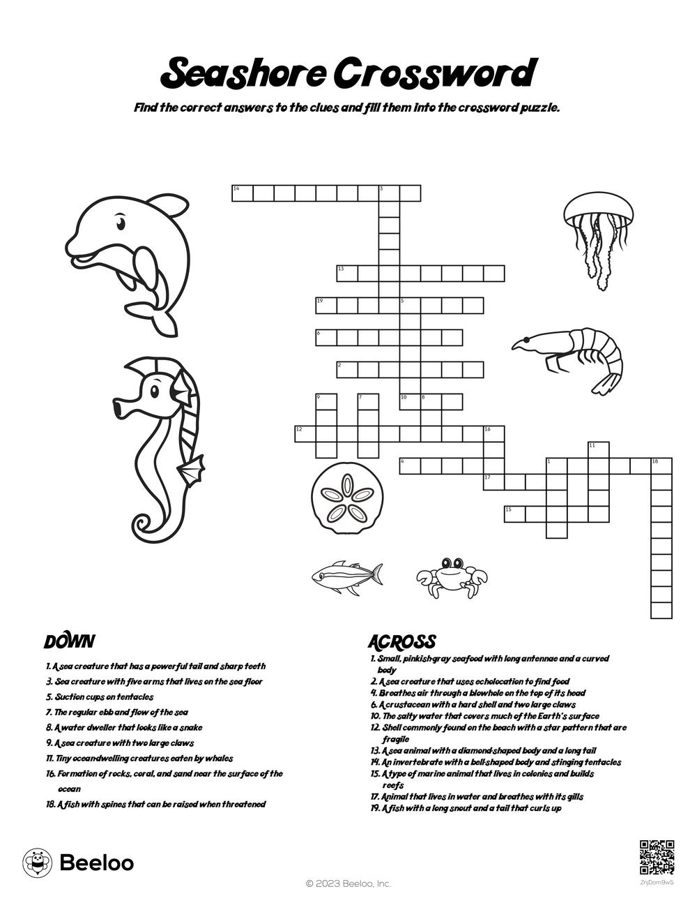 Seashore crossword â printable crafts and activities for kids