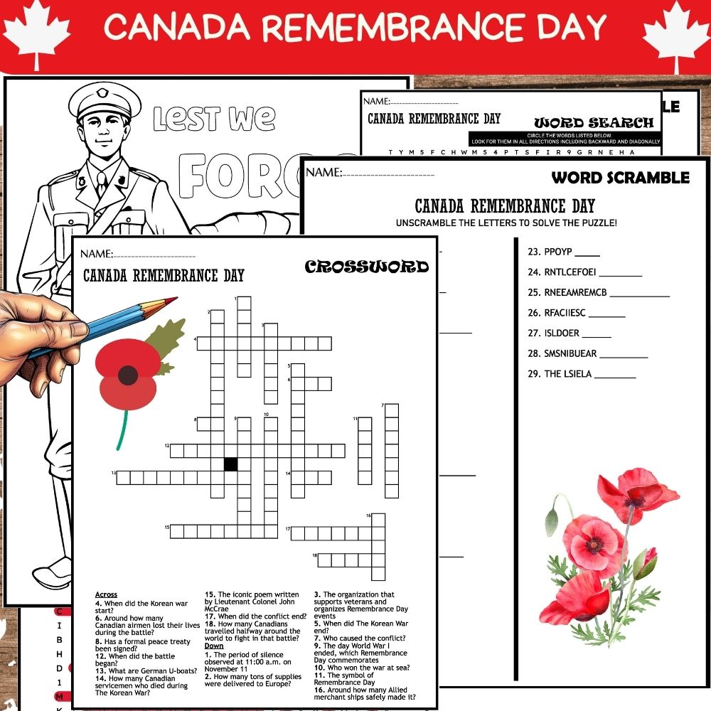 Jour du souvenir canada remembrance day coloring sheetword scramble crossword wordsearch made by teachers