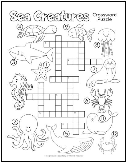 Sea creatures crossword puzzle for kids print it free