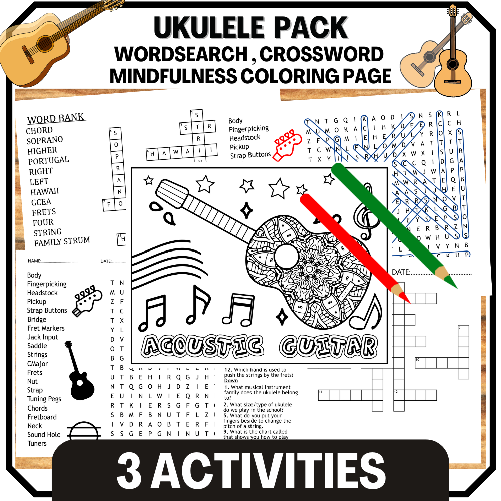 Parts of the ukulele word search crossword and coloring page made by teachers