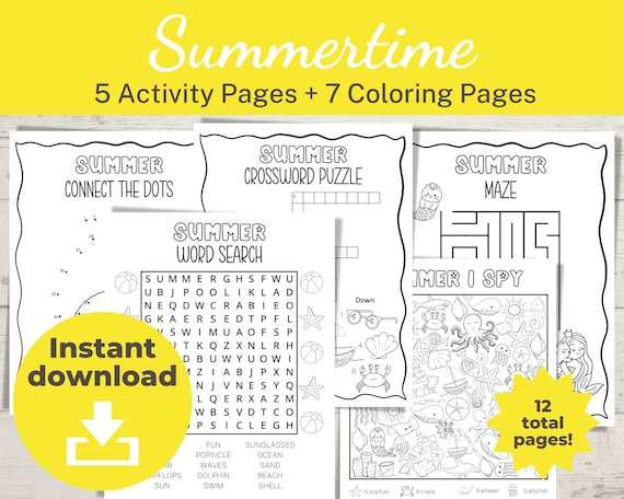 Printable summertime activity pages for kids coloring pages word search maze crossword connect the dots i spy