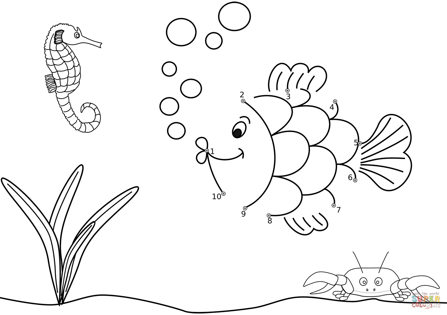 Fish in the ocean dot to dot free printable coloring pages