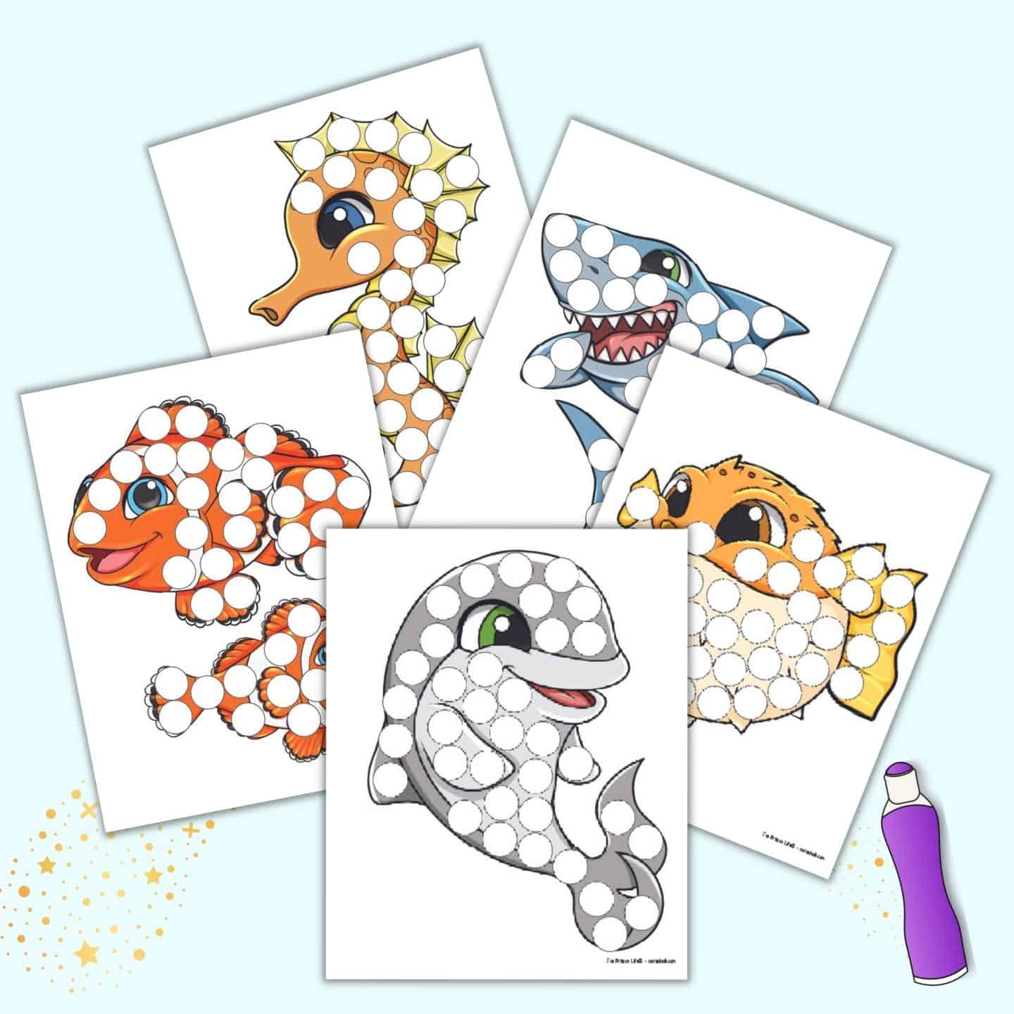 Free printable color ocean animal dot maker pages