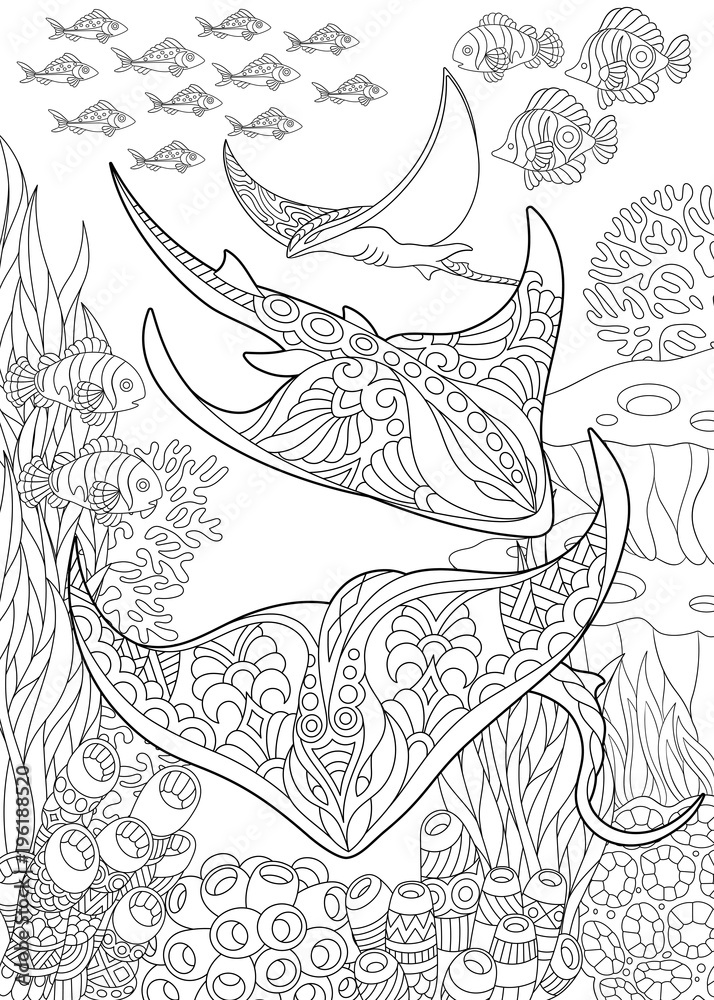 Coloring page for adult colouring book underwater background with stingray shoal tropical fishes and ocean plants antistress freehand sketch drawing with doodle and zentangle elements vector