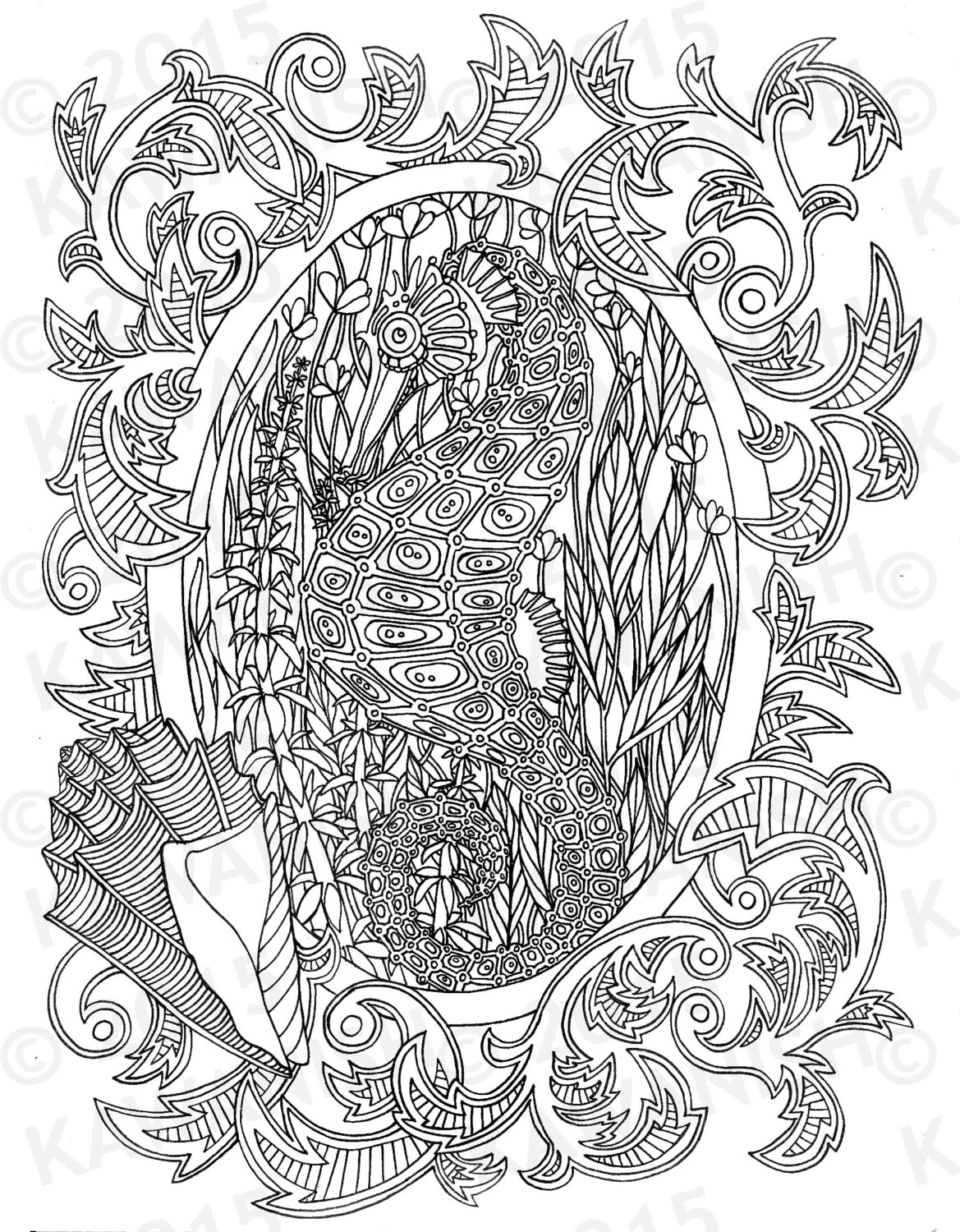 Seahorse underwater adult coloring page gift wall art ocean line drawing