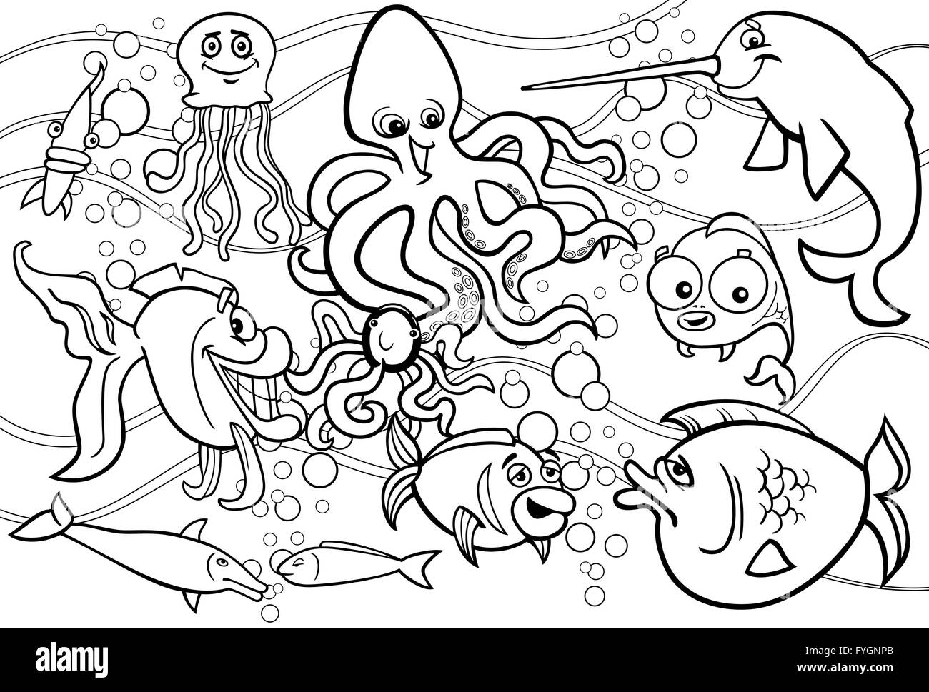 Sea life animals group coloring hi