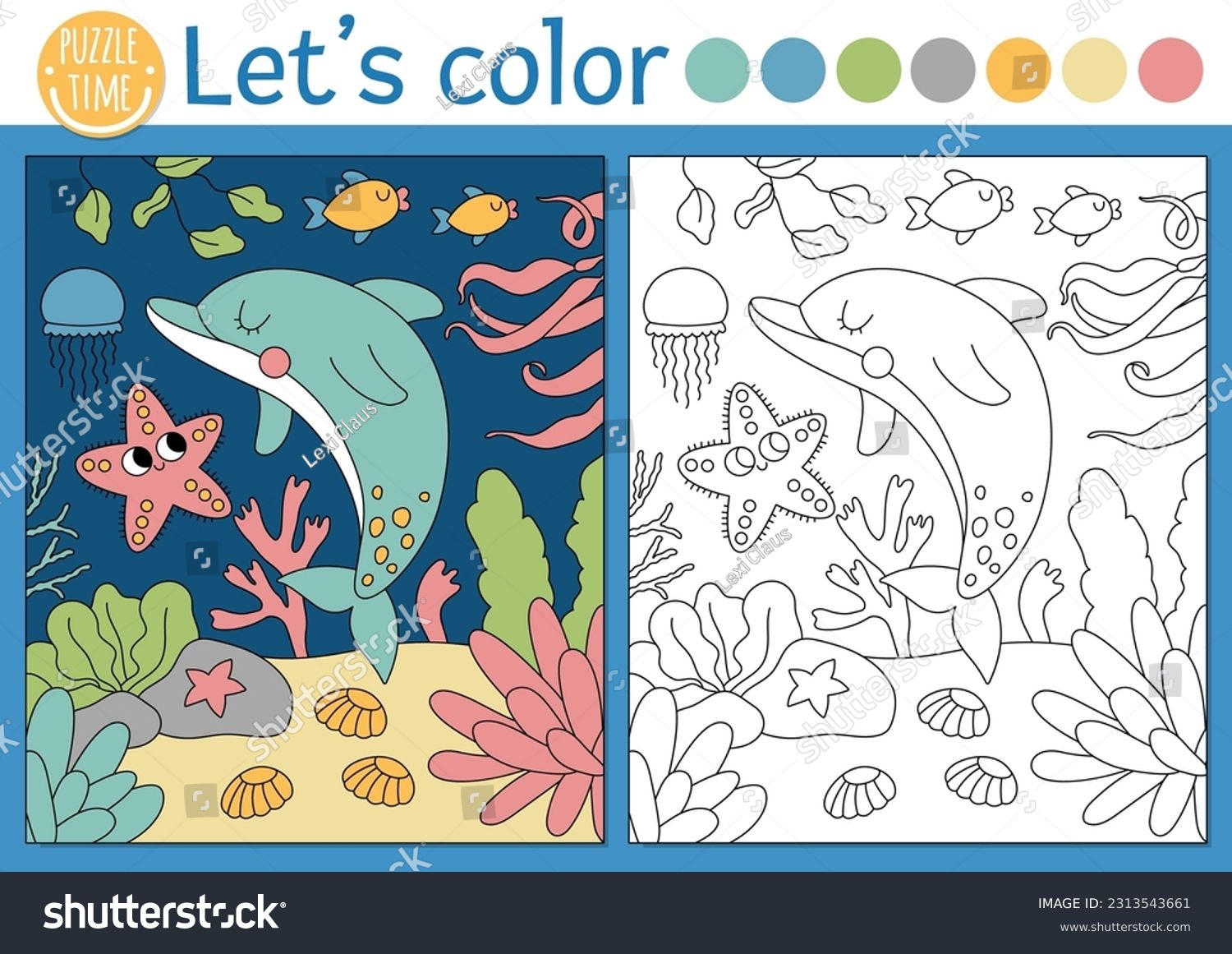 Under sea coloring page children dolphin stock vector royalty free