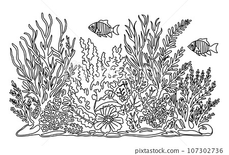 Ocean bottom coloring page with fish and algae