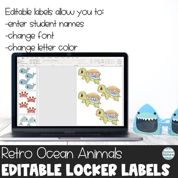 Retro ocean animal name tags for school cubby tags editable labels printable for teachers summer decor instant download