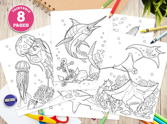 Digital printable coloring pages for kids sea creatures sea animals sharks tropical fish underwater life depths of ocean pdf marlin