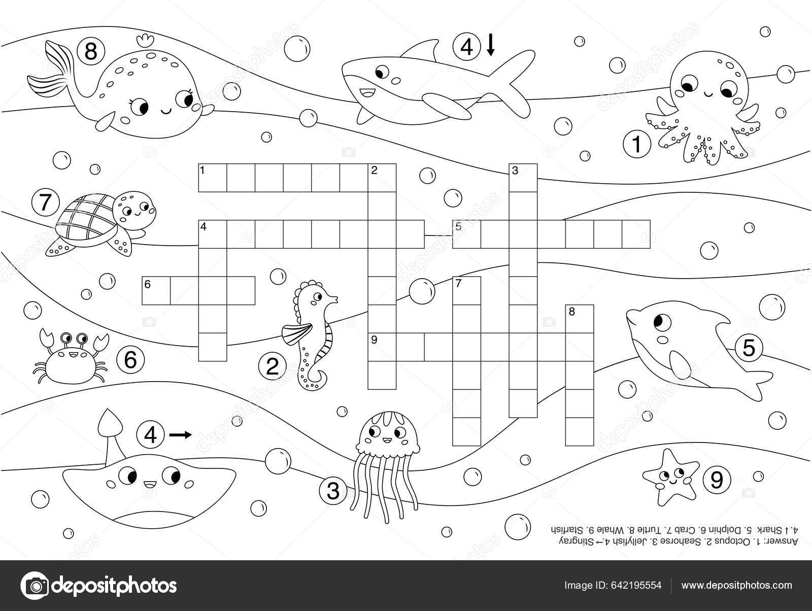 Sea ocean animals crossword coloring page educational puzzle game kids stock vector by kristina