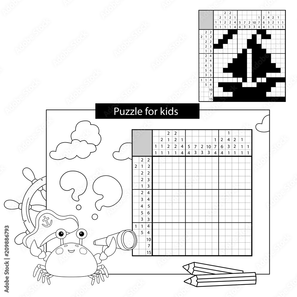 Education puzzle game for school children ship black and white japanese crossword with answer nonogram with answer graphic crossword coloring page outline of sea crab coloring book for kids vector