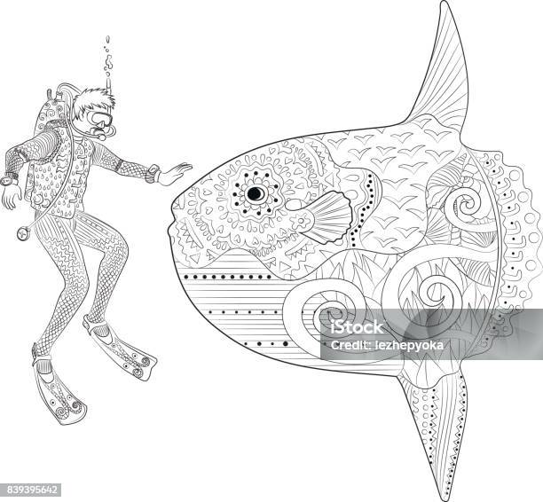 Underwater diver in tangled patterns style stock illustration