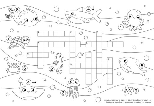 Sea and ocean animals crossword coloring page educational puzzle game for kids cute cartoon characters printable worksheet for preschool children vector illustration vector