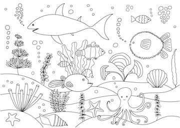 Premium vector sea life animals coloring page different vector fish coloring book for children and adults anglerfish clownfish starfish shell octopus shark ball fish reef fish seaweed sea grass