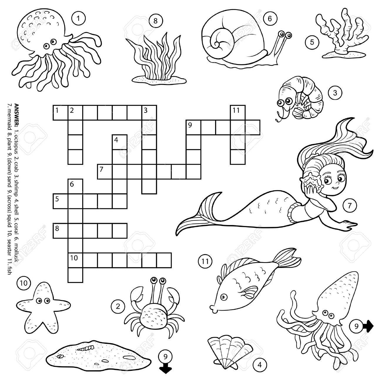 Vector colorless crossword education game for children about sea life royalty free svg cliparts vectors and stock illustration image