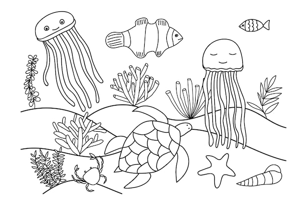 Premium vector fantastic coloring page with sea animals in underwater world with algae bubbles isolated coloring book for kids and adults turtle jellyfish reef fish shell seaweed sea grass starfish