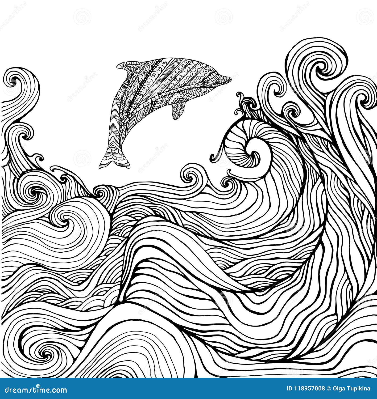 Dolphin and ocean waves coloring page for children and adults stock vector