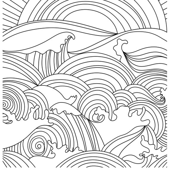 Sunset ocean waves coloring page digital printable