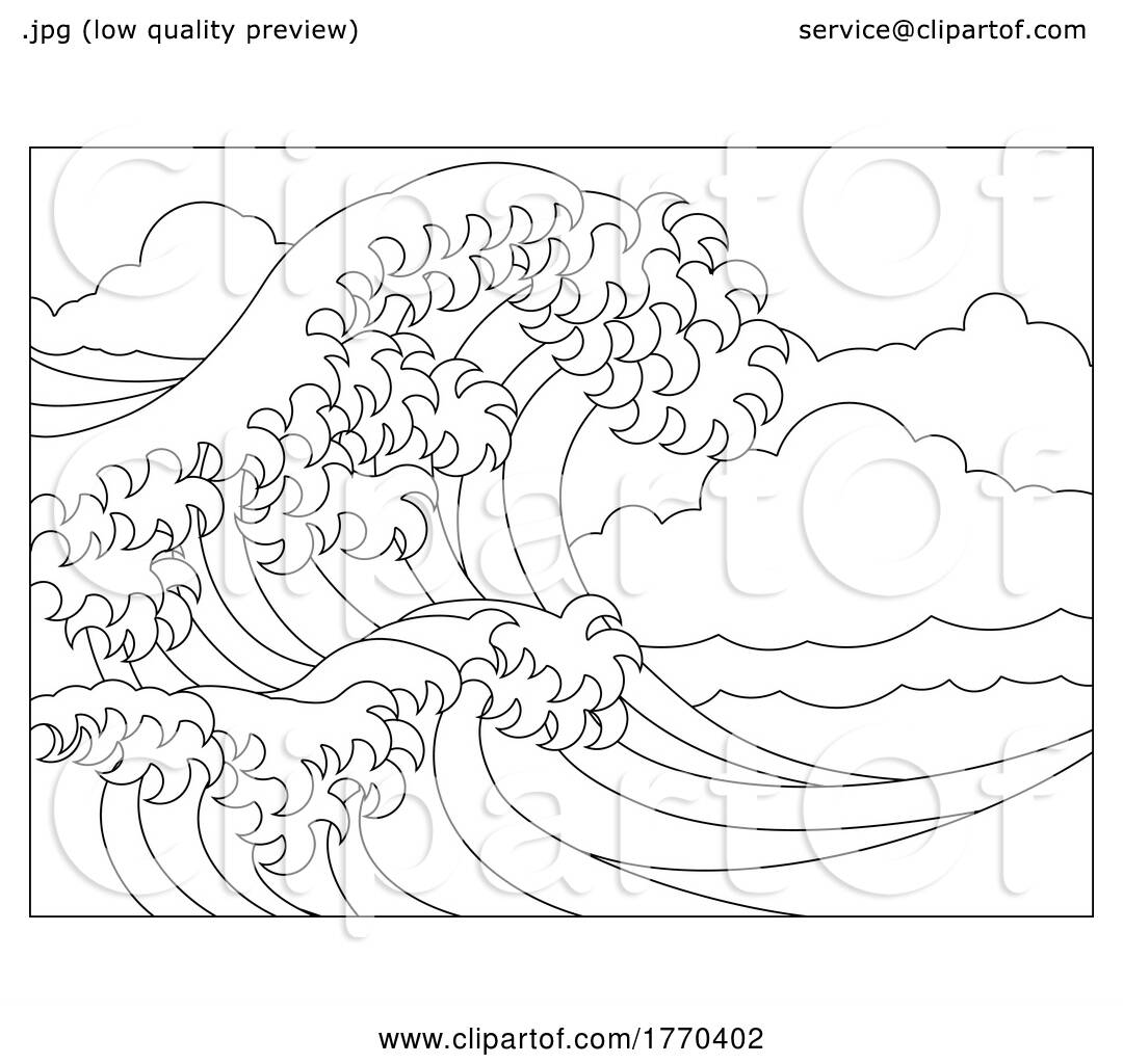 A japanese great wave outline coloring book page by atstockillustration