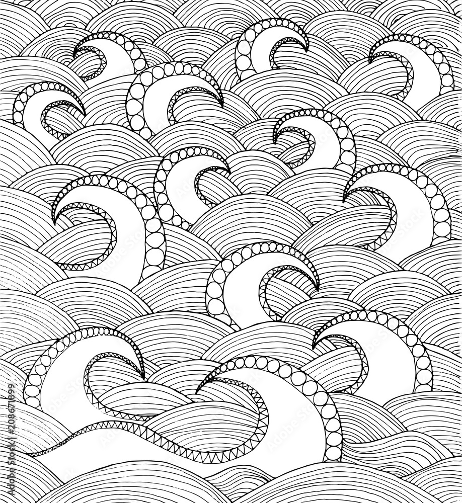 Vector illustration of doodle sea waves hand drawing coloring page book anti stress for adult ocean wave vector