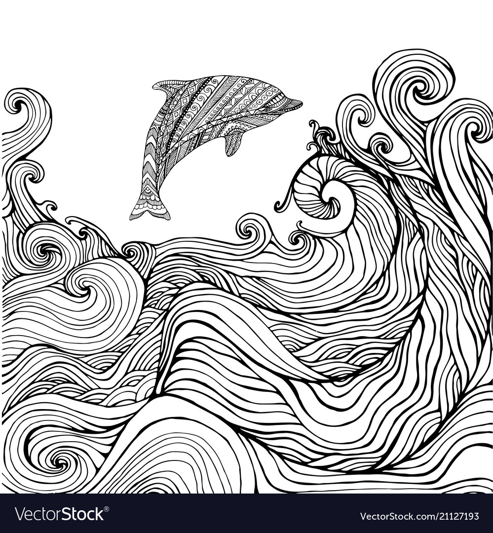 Dolphin and ocean waves coloring page for children