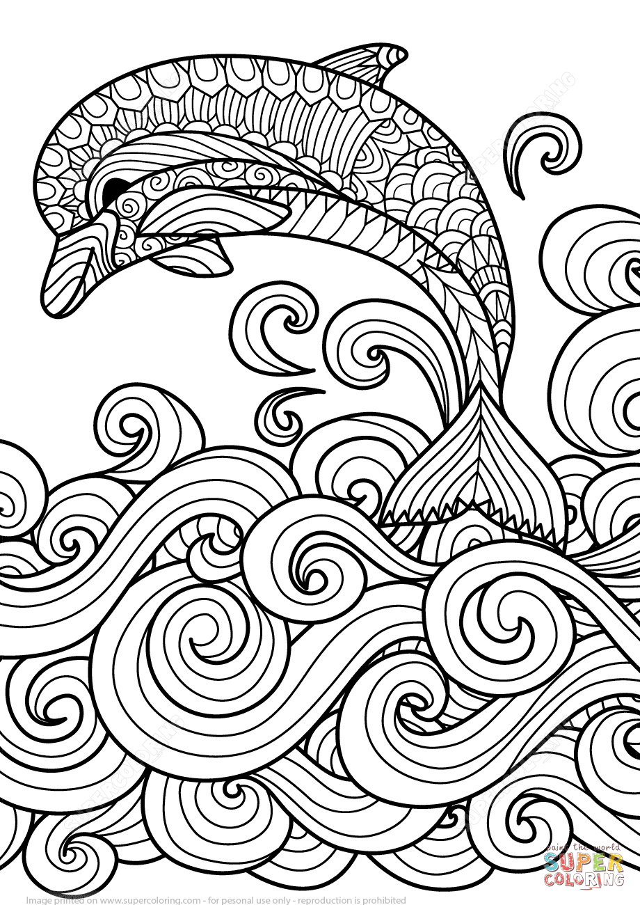 Zentangle dolphin with scrolling sea wave coloring page free printable coloring pages