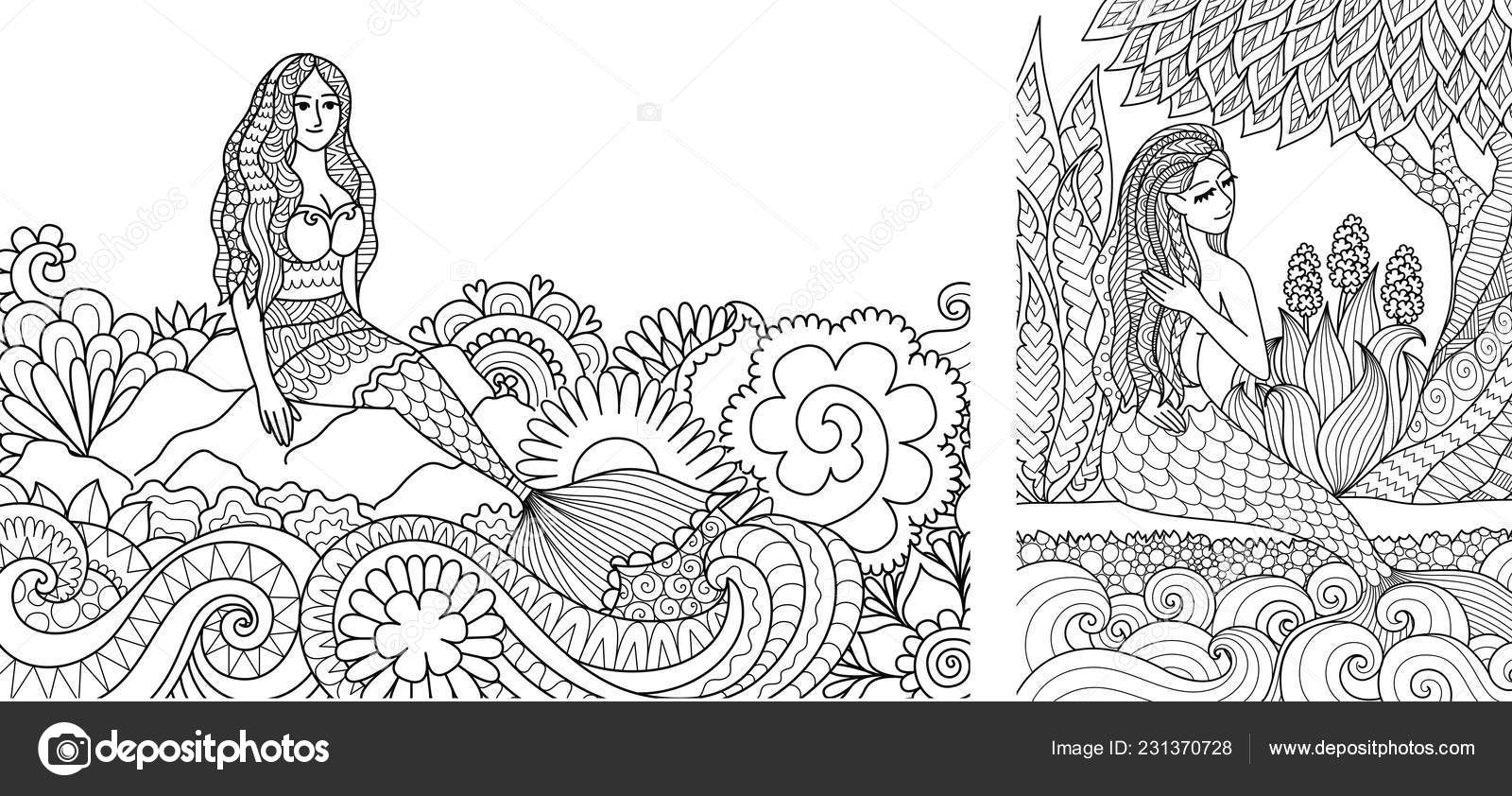 Pretty mermaid sitting stone beautiful ocean wave adult coloring book stock vector by somjaicindygmail