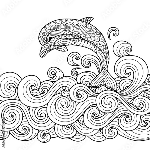 Hand drawn zentangle dolphin with scrolling sea wave for coloring book for adult vector
