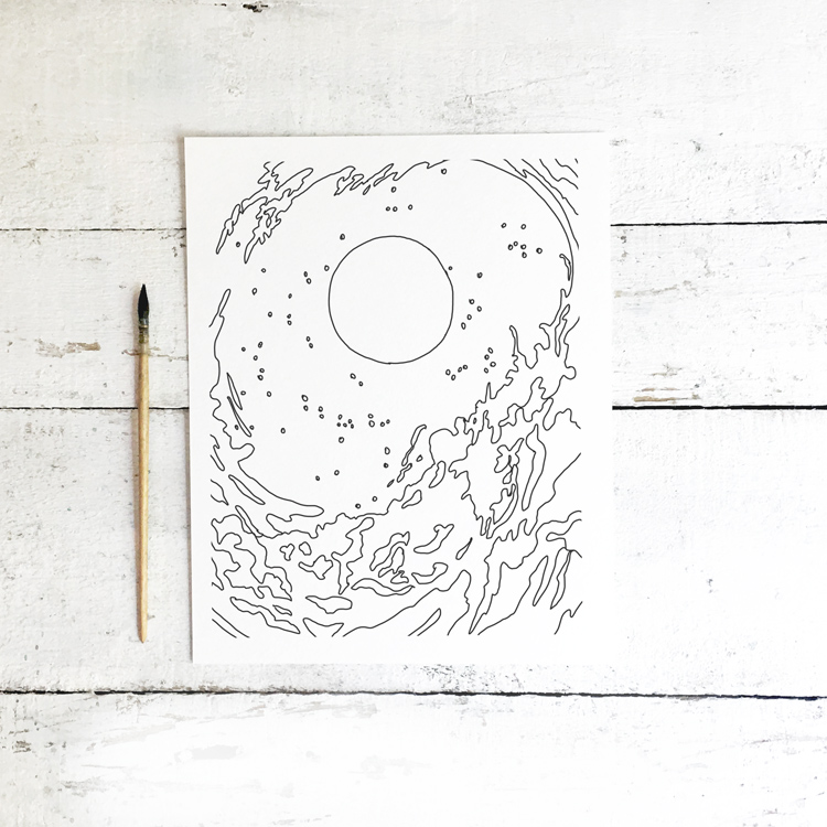 Free starry night moon ocean wave printable adult coloring sheet printable we lived happily ever after