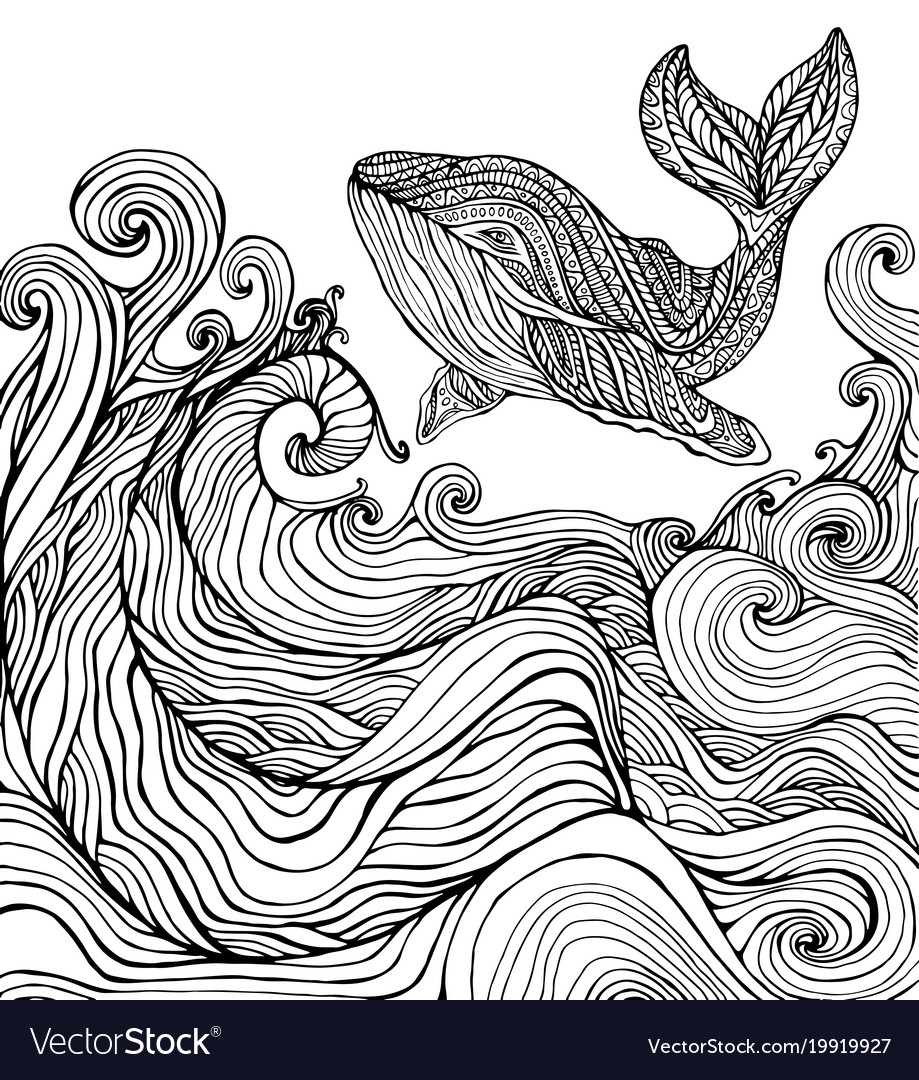 Whale and ocean waves coloring page royalty free vector