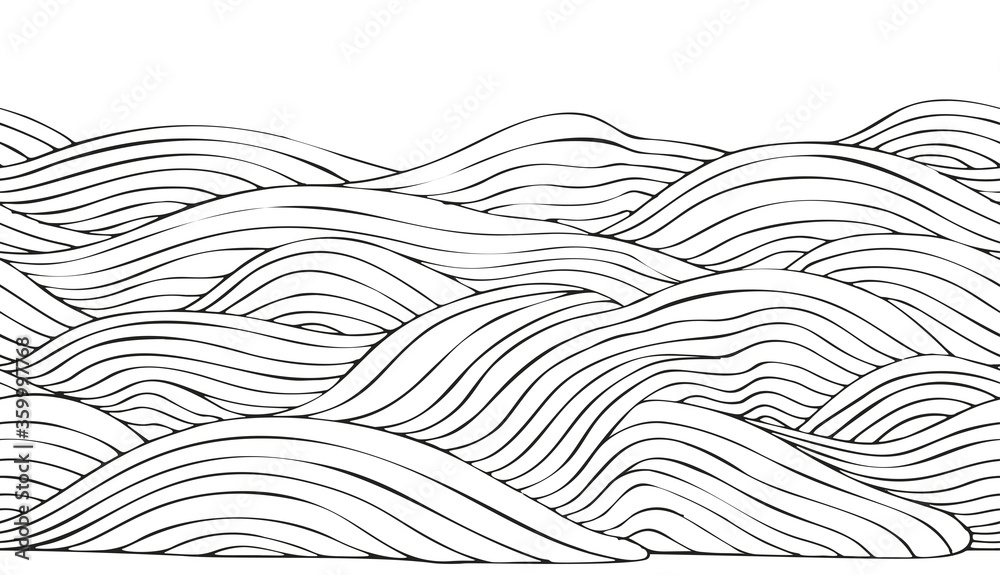 Ocean waves horizontal seamless pattern coloring book page for adult and children hand