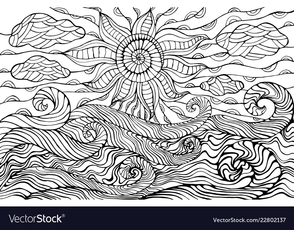 Doodle sun clouds and ocean waves coloring page vector image