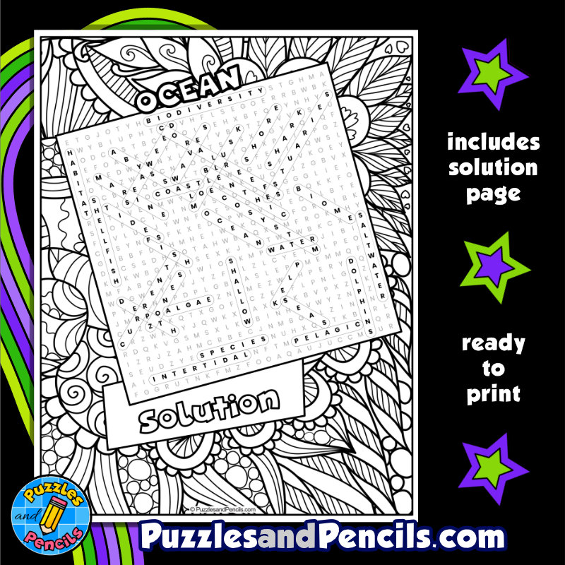 Ocean word search puzzle with coloring biome wordsearch made by teachers