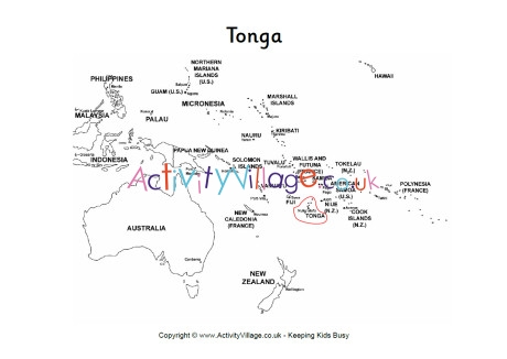 Tonga on a map of oceania