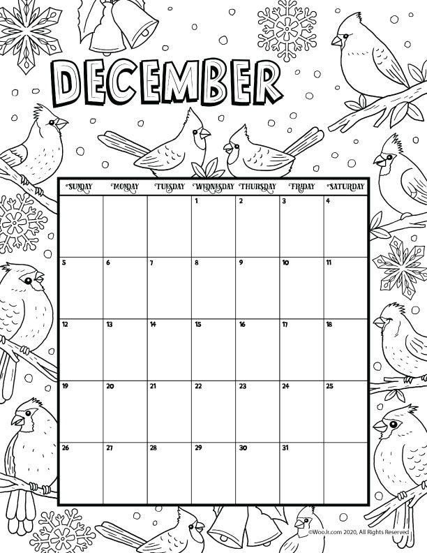 December printable calendar page