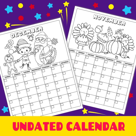 Printable coloring calendar for kids digital download undated monthly calendar for diy activities